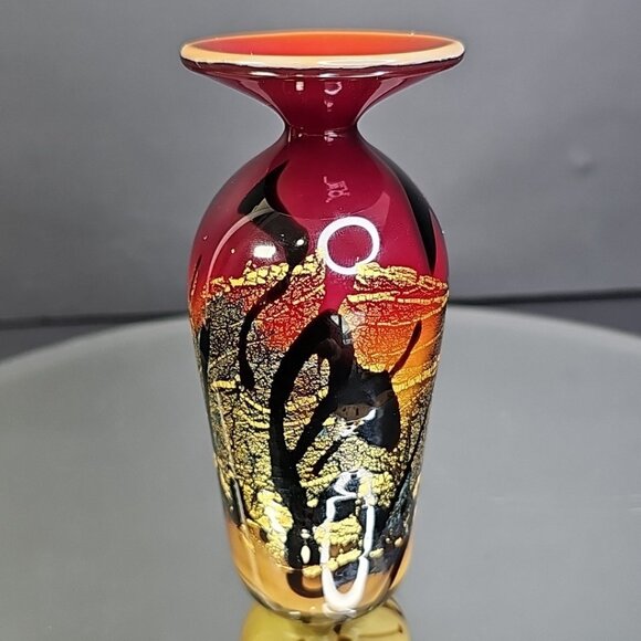 Nourot Signed Studio Glass Incense Vase Jar 4.5” Tall Red Gold Black USA - Picture 4 of 10